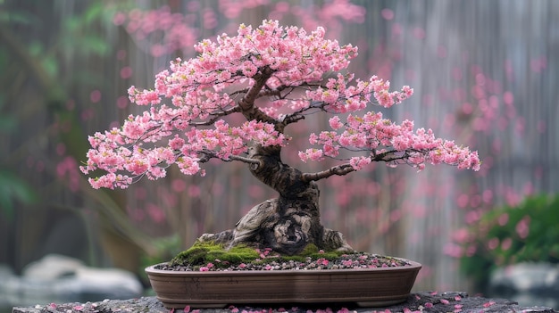 A bonsai tree with pink flowers in bloom with petals falling around it