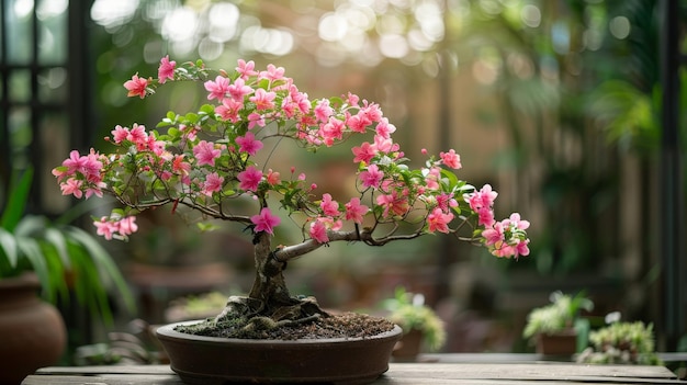 A bonsai tree with pink flowers in a pot on a wooden table with a green background