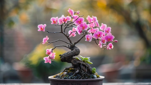 A bonsai tree with pink orchid flowers in a pot