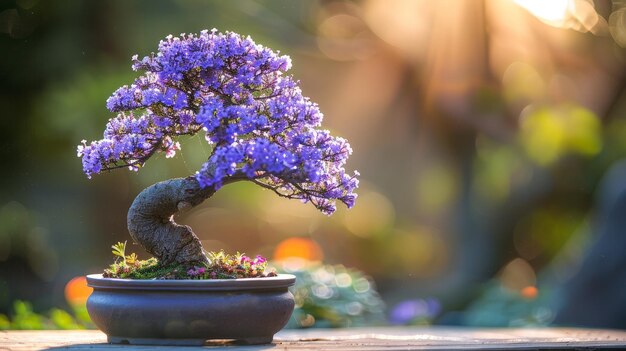 A bonsai tree with purple flowers blooms in a pot against a soft blurred golden background