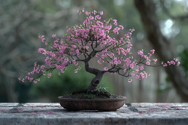 a bonsai tree with purple flowers in a pot