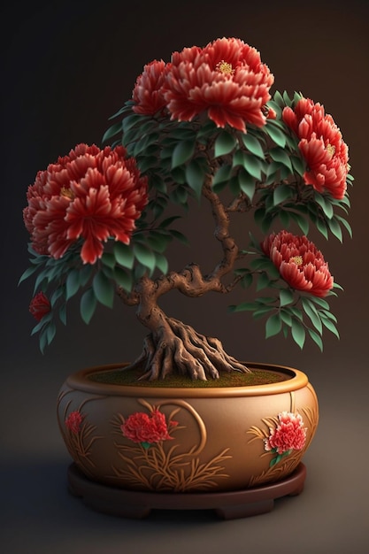 Bonsai tree with red flowers in a brown pot generative ai