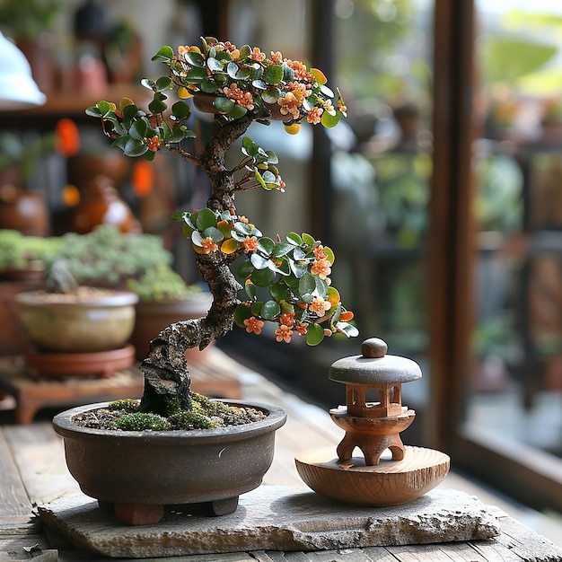 Photo bonsai tree with small wooden shrine for zen and japanese garden decor