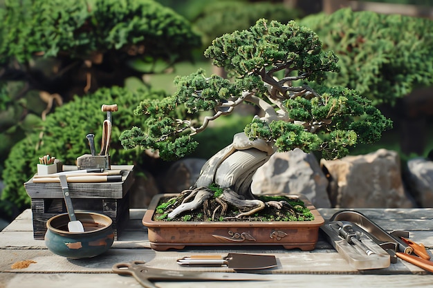 Photo bonsai tree with tools for shaping and maintenance