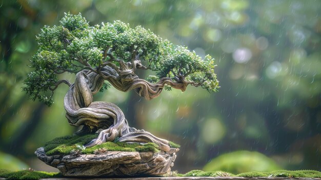 A bonsai tree with a twisted ancientlooking trunk symbolizing strength and resilience set against a zen garden backdrop