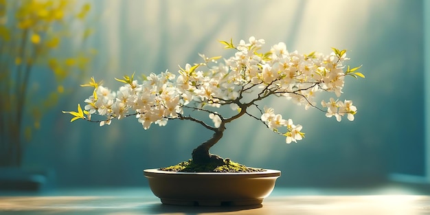 Bonsai Tree with White Flowers in Bloom Photo