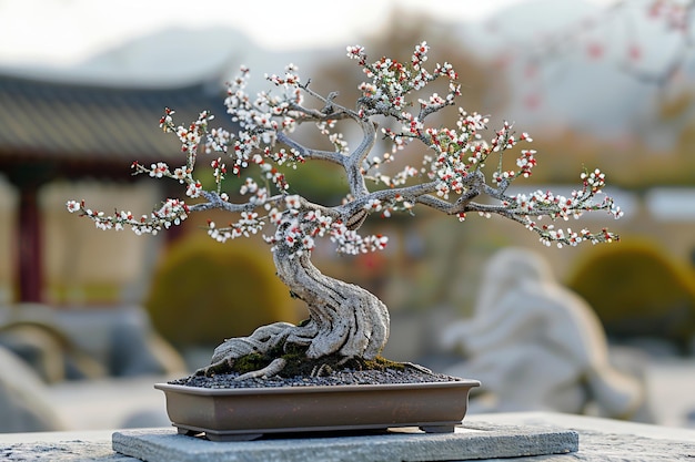 Photo a bonsai tree with white flowers and a small tree in the middle