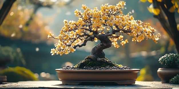 Bonsai Tree with Yellow Flowers in a Brown Pot Photo