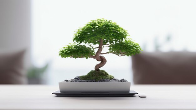 bonsai tree on a work desk with a laptop nearby for hobby and refreshment