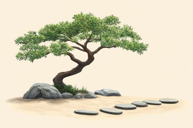 Photo a bonsai tree in a zen garden with stepping stones