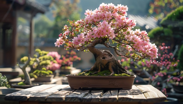 Photo bonsai trees in bloom outdoor display delicate pink flowers tranquil setting