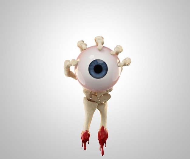 bony hands holding Halloween eyeball. 3d illustration