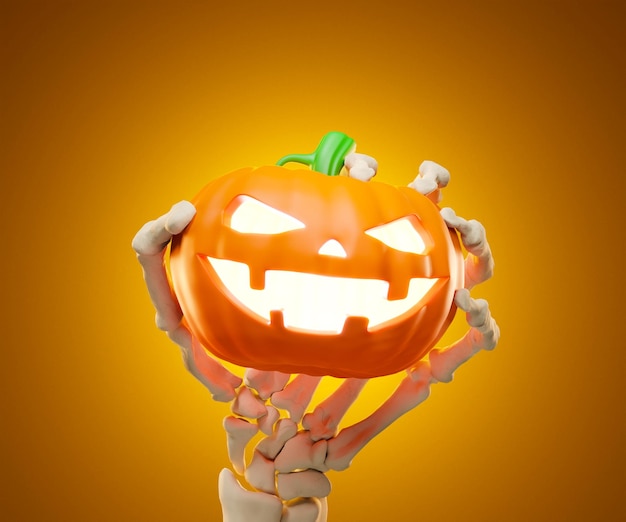 bony hands holding Halloween pumpkins. 3d illustration