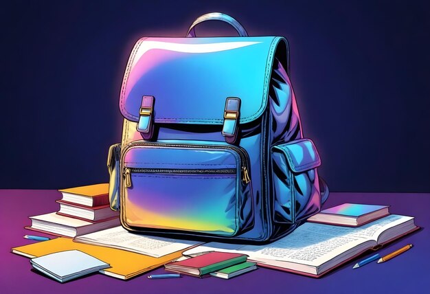 Photo a book bag with a blue back pack on it and other books on the table