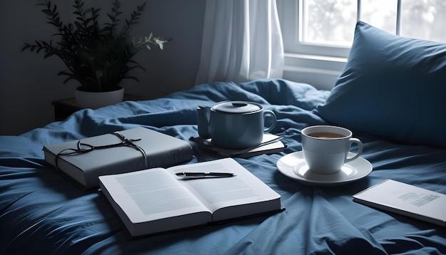 a book on a bed with a book and a cup of coffee next to it