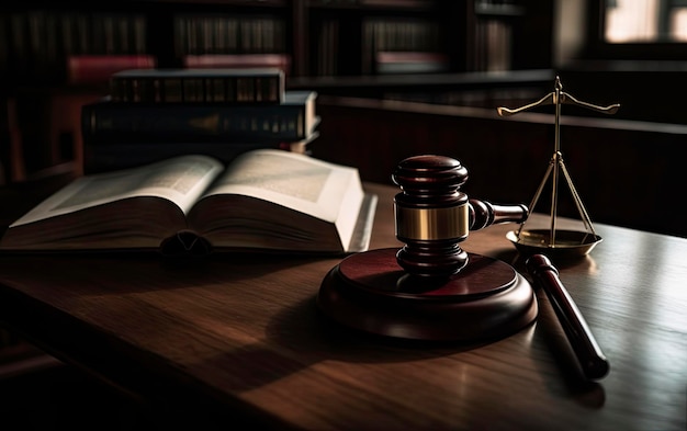 A book, a book, and a gavel sit on a desk with a book on it.