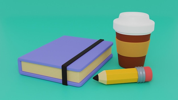 A book, a coffee cup, a pen, and a pen sit on a green background.