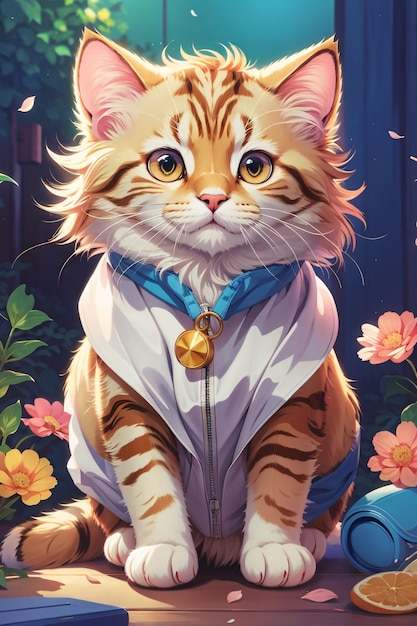 Book cover illustration of a cute cat kitten with colorful background anime style