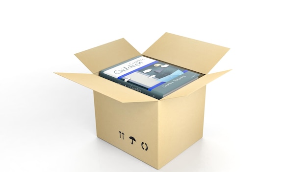 Book Creative Children with illustrated cover inside an open cardboard box on white background