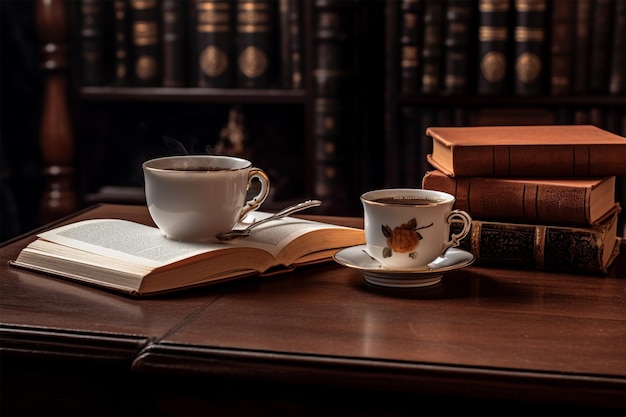 a book and a cup of coffee on a table with a book on it