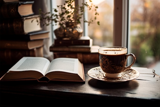 a book and a cup of coffee on a table with a book on it