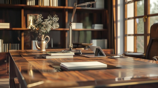 a book on a desk with a plant on it