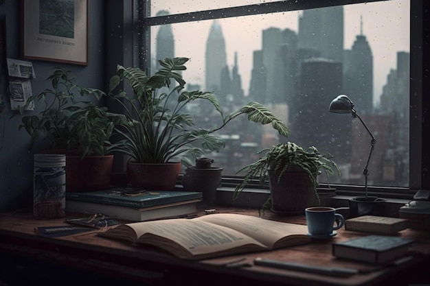 A book on a desk with a window in the background