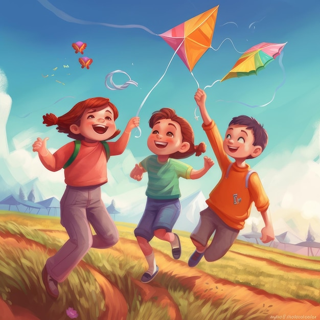 book drawing Children flying a kite smiling playing