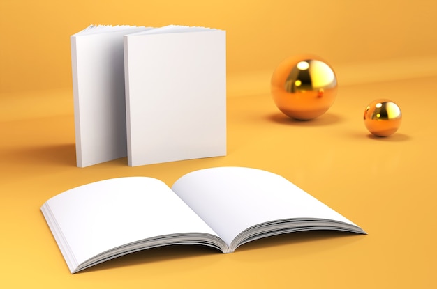 Book empty spread mockup 3d render illustration of opened clear notepad template setting on yellow