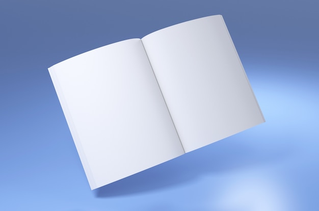 Book empty spread white mockup 3d render illustration of opened clear notepad template blue color