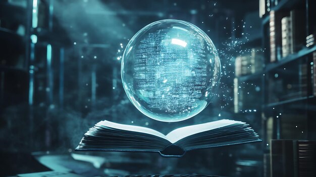 A book floating in a bubble surrounded by futuristic school equipment