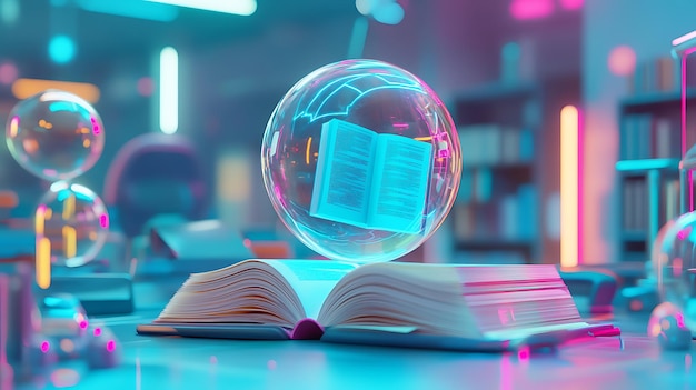 Photo a book floating in a bubble surrounded by futuristic school equipment