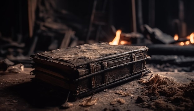 A book on the floor with a fire in the background