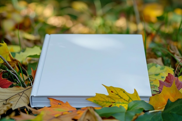 a book on the ground with a yellow leaf on the ground