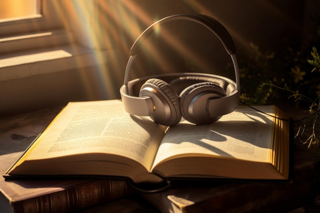 Book and headphones basking in sunlight