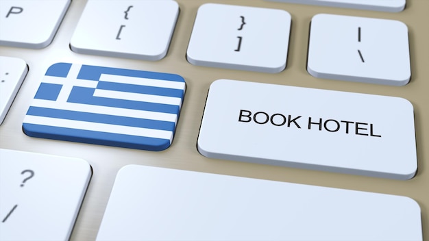 Book hotel in Greece with website online Button on computer keyboard Travel concept 3D