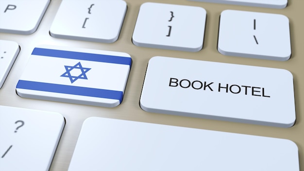 Book hotel in Israel with website online Button on computer keyboard Travel concept 3D