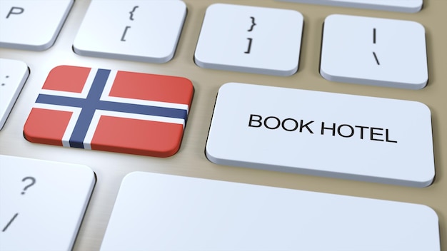 Book hotel in Norway with website online Button on computer keyboard Travel concept 3D