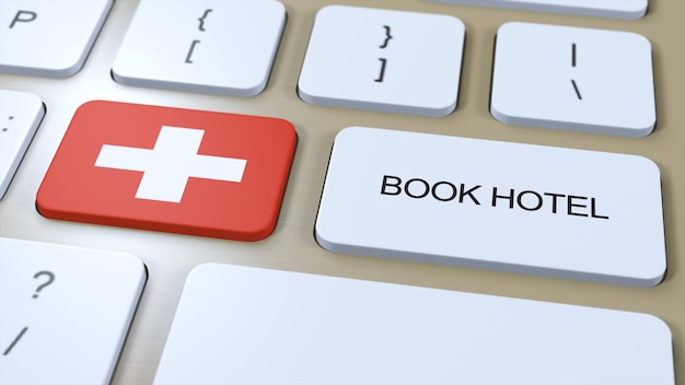 Book hotel in Switzerland with website online Button on computer keyboard Travel concept 3D