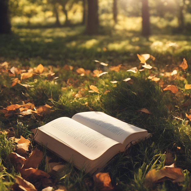 a book is laying in the grass