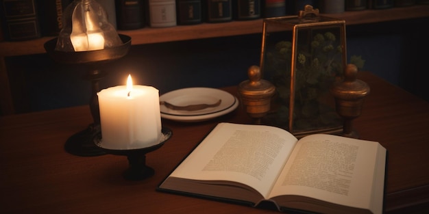 A book is open to a candle on a table with a candle on it.