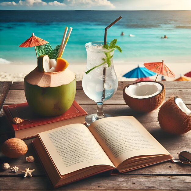 Photo a book is open to a drink and is open to a beach