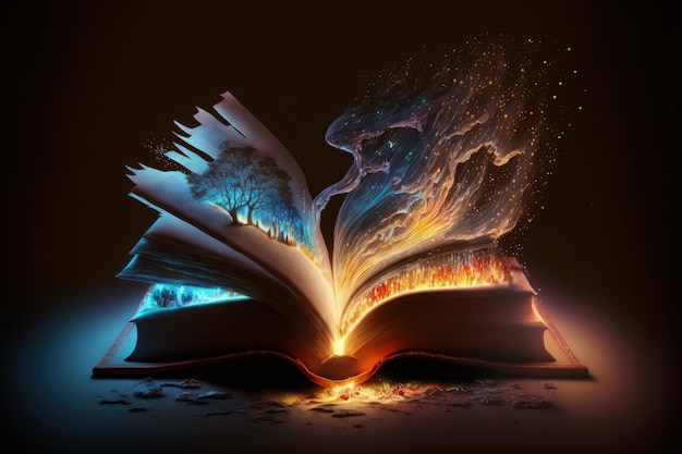 A book is open to a fire and the word fire is on the cover.