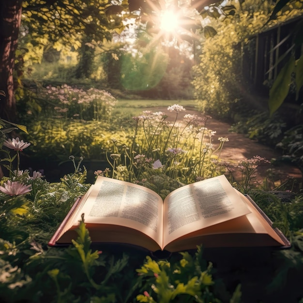 A book is open in the garden with the sun shining through the trees.