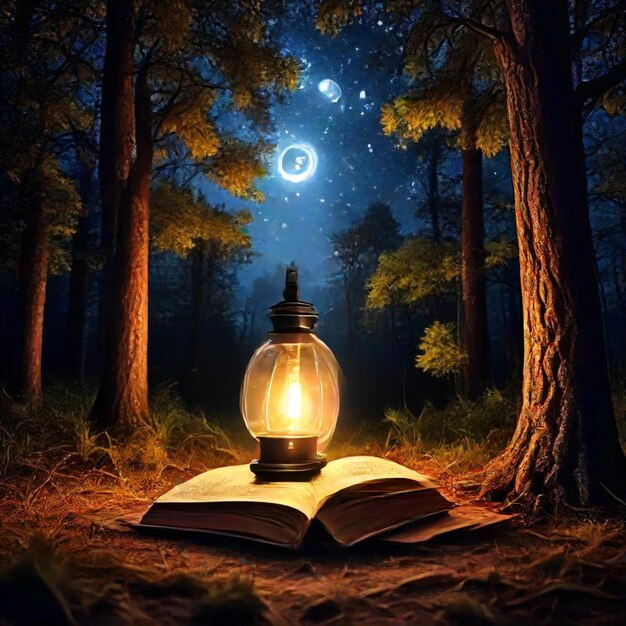 Photo a book is open to a lamp and a book is sitting in the woods