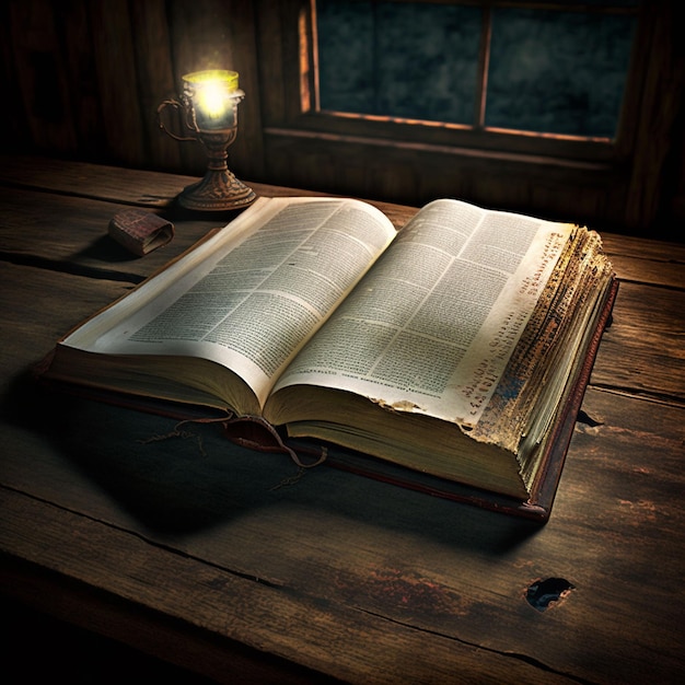 A book is open on a table with a candle next to it.