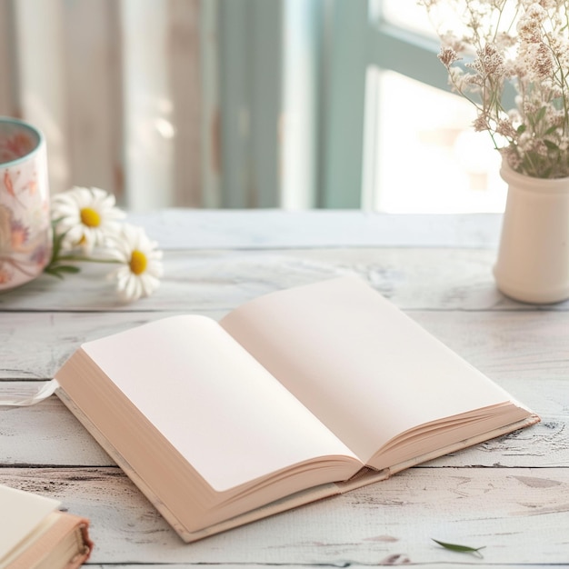 a book is open on a table with a flower vase and a vase with flowers in the background