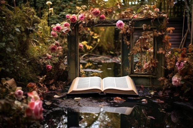 Photo a book is open on a table with a reflection of a mirror