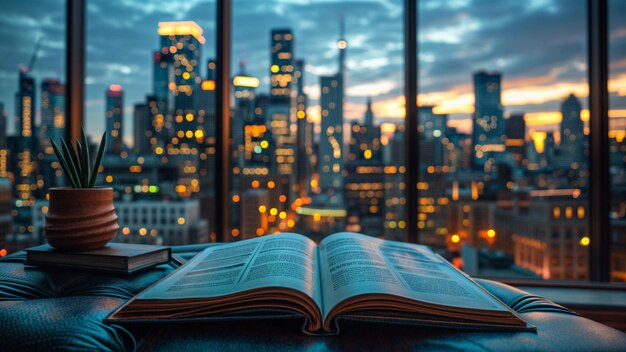 a book is open to a window and the city is lit up