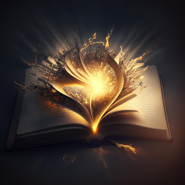 A book is opened to a page that has a book with a flame coming out of it.